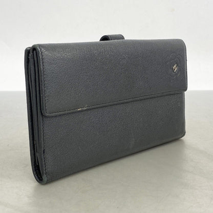 Chanel Camellia Leather Long Wallet Black