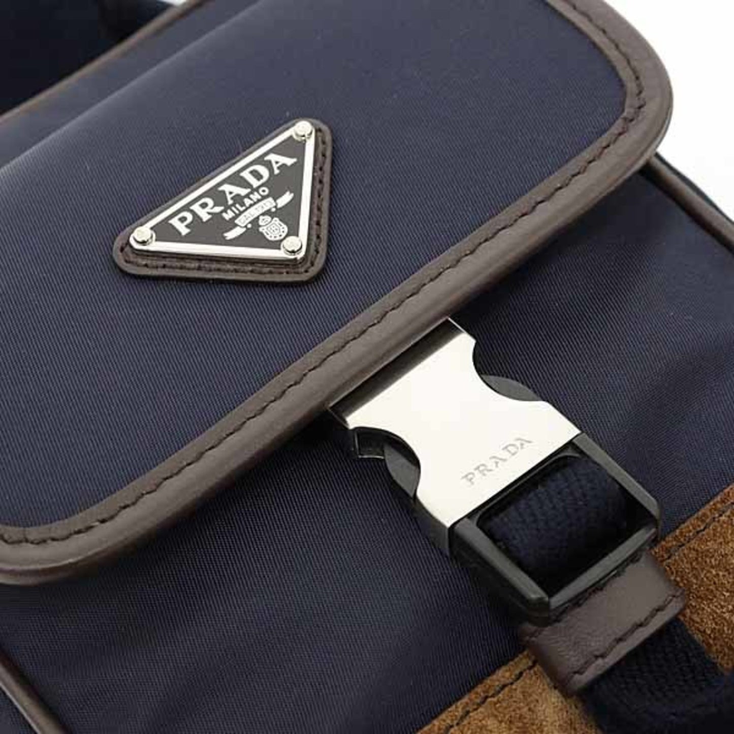 Prada Re-Nylon X Leather Smartphone Case/Shoulder Bag 2Zh194 F0C1B Blu+Caffe Navy/Dark Brown
