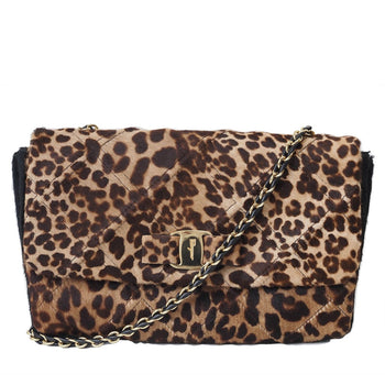 Salvatore Ferragamo Pony Leopard Print Vara Ribbon Chain Shoulder Bag Brown Au-21/E767