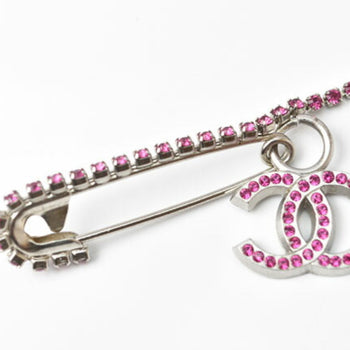 Chanel Brooch Pin Here Mark Rhinestone Silver Magenta