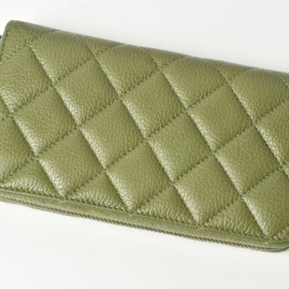 Chanel Wallet Round Medium Quilted Matelasse Caviar Skin Moss Green