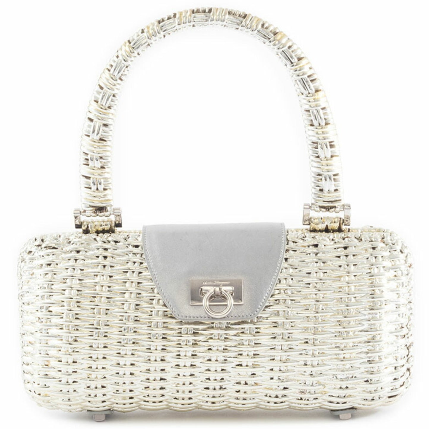 Salvatore Ferragamo Gancini Handbag In Silver Rattan