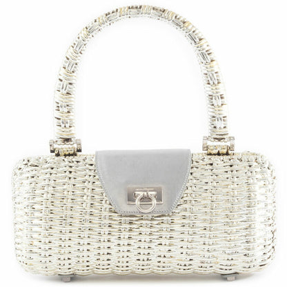 Salvatore Ferragamo Gancini Handbag In Silver Rattan
