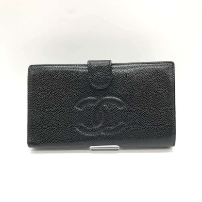 Chanel Caviar Skin Leather Bi-Fold Long Wallet Black