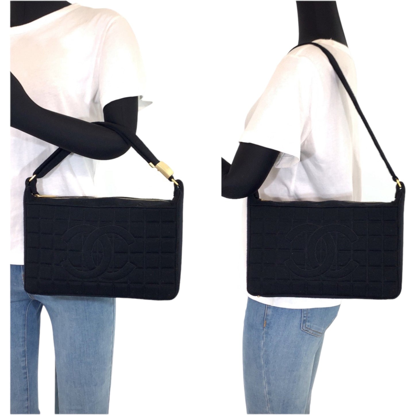 Chanel Vintage Chocolate Bar Coco Mark Black Canvas Shoulder Bag With Gold Hardware