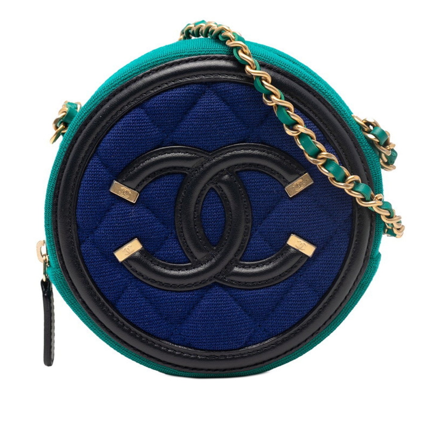 Chanel Cc Filigree Coco Mark Round Chain Shoulder Bag Ap0365 Green Blue Black Cotton Leather