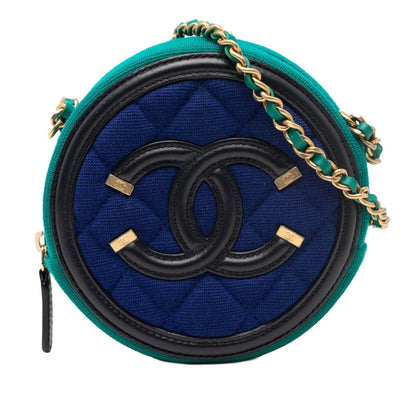 Chanel Cc Filigree Coco Mark Round Chain Shoulder Bag Ap0365 Green Blue Black Cotton Leather