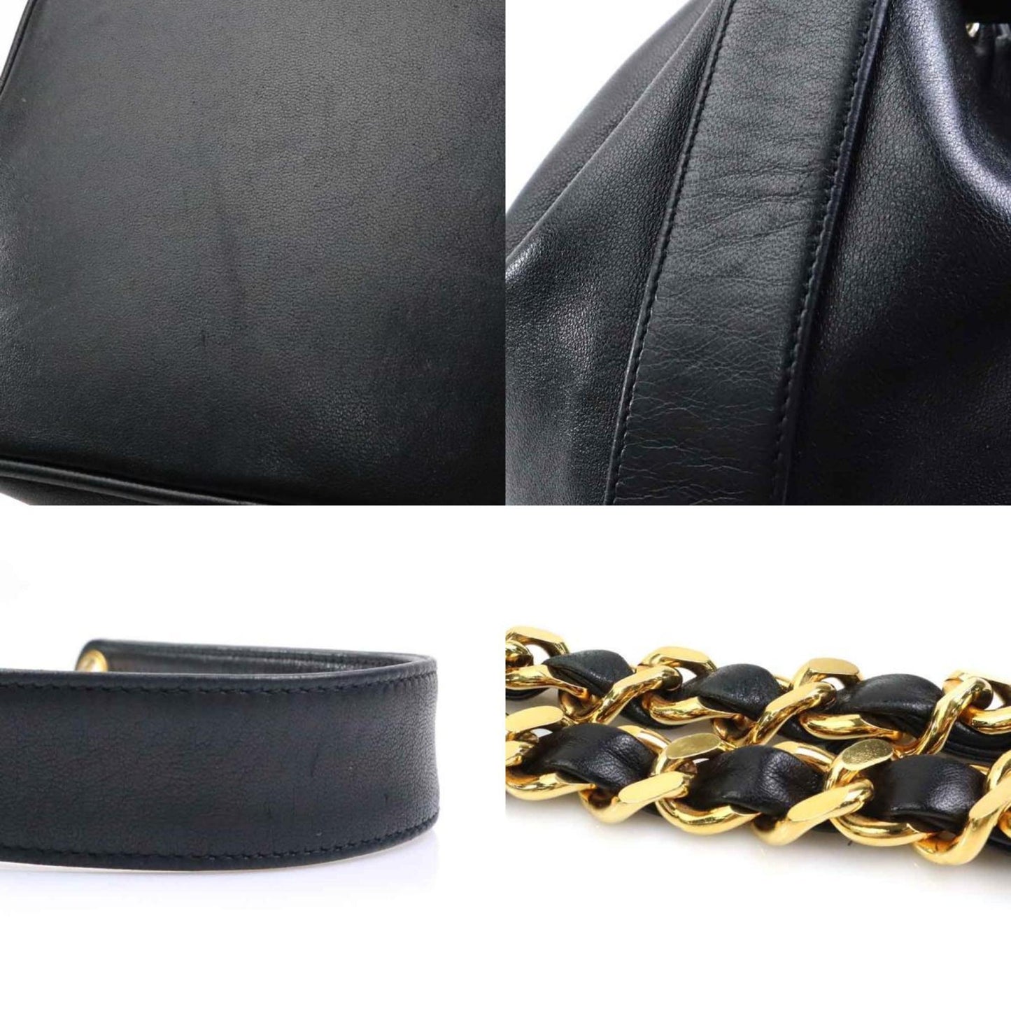 Chanel Shoulder Bag Leather Metal Black Gold