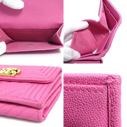 Chanel Tri-Fold Wallet Boy Chanel Caviar Skin Leather Pink Gold
