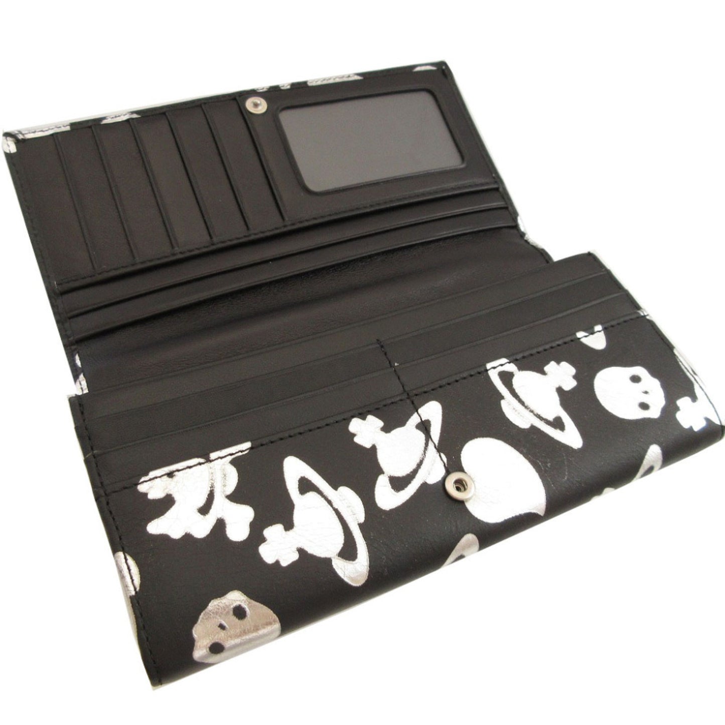 Like New Vivienne Westwood Orb Pattern Heart Leather Bifold Long Wallet In Black And Silver