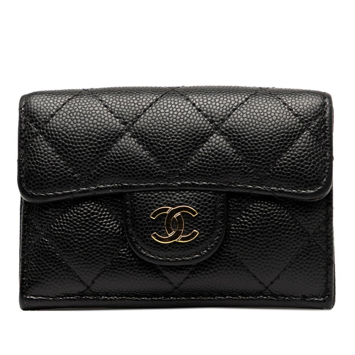 Chanel Matelasse Coco Mark Tri-Fold Wallet In Black With Gold Hardware And Caviar Leather