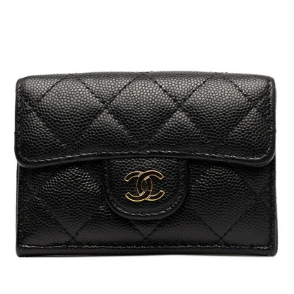 Chanel Matelasse Coco Mark Tri-Fold Wallet In Black With Gold Hardware And Caviar Leather