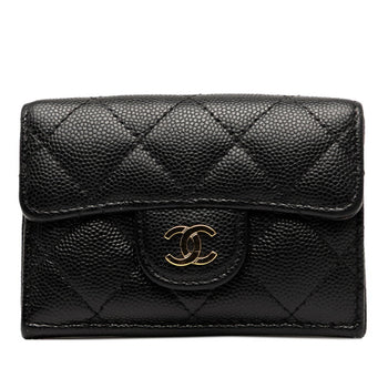 Chanel Matelasse Coco Mark Tri-Fold Wallet In Black With Gold Hardware And Caviar Leather