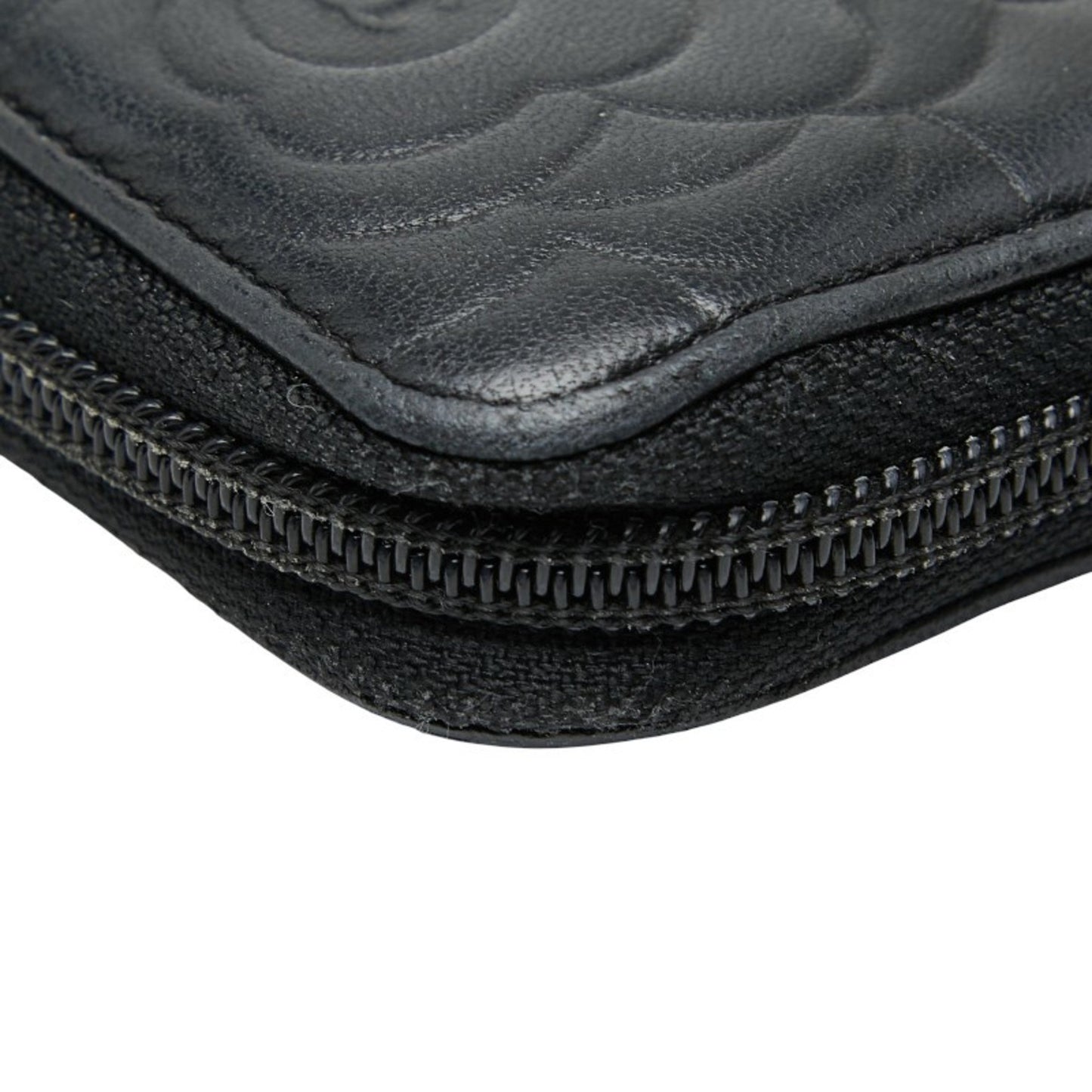 Chanel Coco Mark Camellia Round Zip Long Wallet In Black Lambskin
