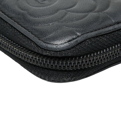Chanel Coco Mark Camellia Round Zip Long Wallet In Black Lambskin