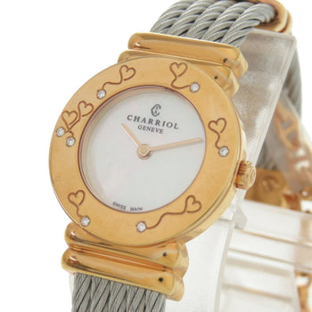 Unused Charriol Saint-Tropez 028Bhp.540.552 Stainless Steel White Shell Pink Gold Dial Quartz