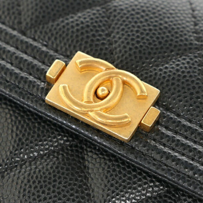 Chanel Boy Chanel Tri-Fold Wallet Compact A80743 Caviar Skin Black S-157722
