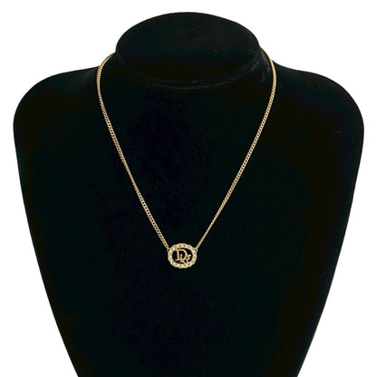 Christian Dior Logo Motif Rhinestone Necklace Pendant Accessory Gold 08878