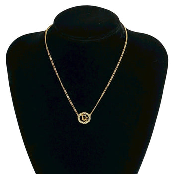 Christian Dior Logo Motif Rhinestone Necklace Pendant Accessory Gold 08878