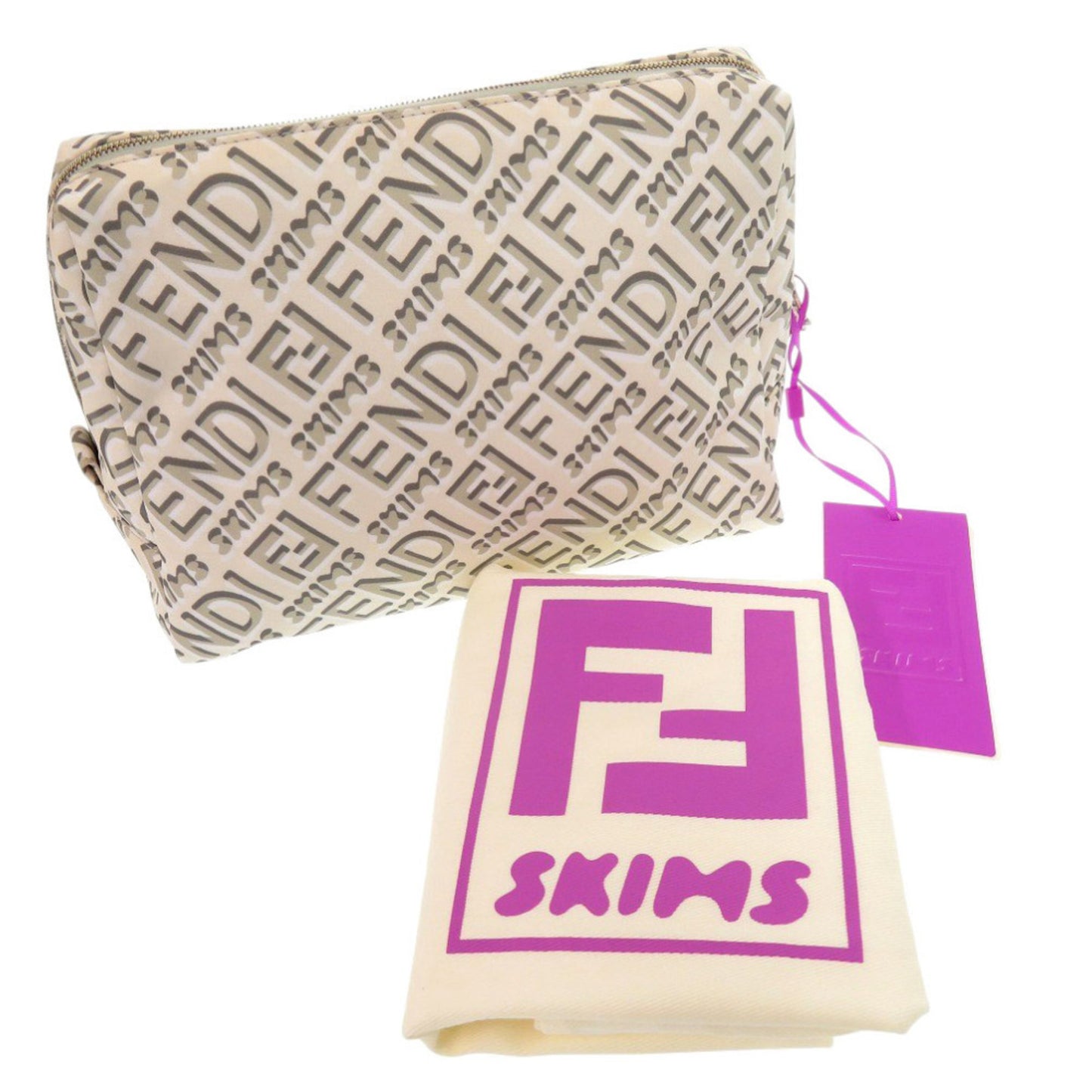 Unused Fendi X Skims Collaboration Logo 8N0171 Nylon Beige Pouch Bag 0920 Fendi Skims