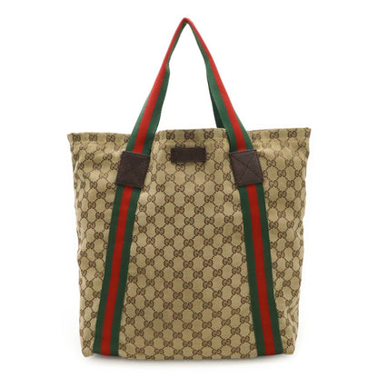 Gucci Gg Canvas Sherry Line Tote Bag Shoulder Leather Khaki Beige Green Red 189669