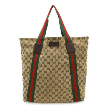 Gucci Gg Canvas Sherry Line Tote Bag Shoulder Leather Khaki Beige Green Red 189669