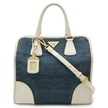 Prada Prada Triangle Handbag Tote Bag Shoulder Denim Leather Blue White Bn2254