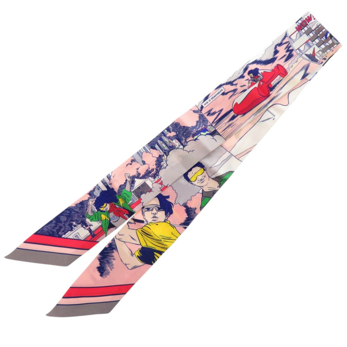 Herms Twilly Wow American Comic Print Silk Gris Rose Vert Scarf Muffler 0197 Hermes