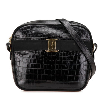 Salvatore Ferragamo Vara Crocodile Embossed Crossbody Shoulder Bag Af-21 6677 Black Leather