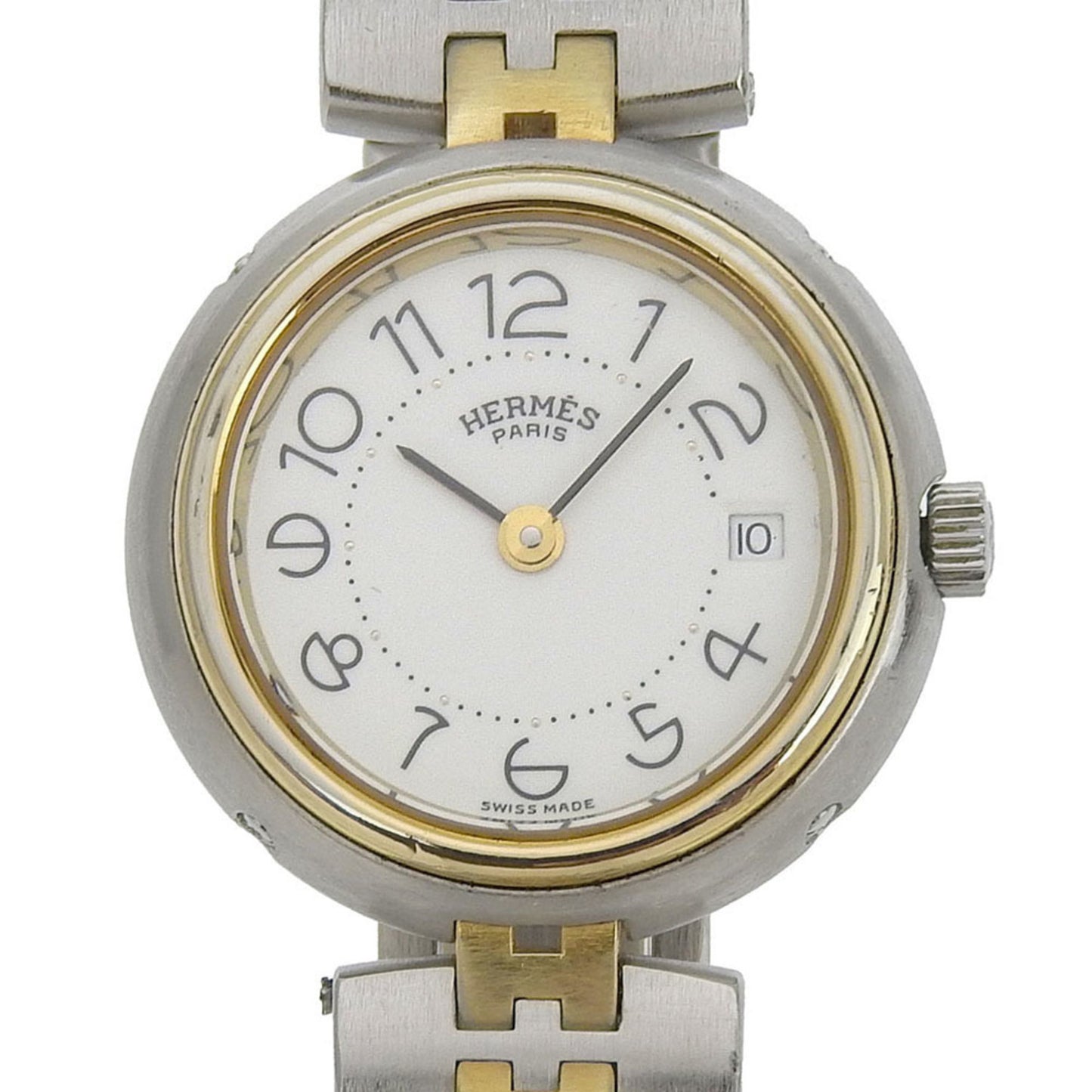Hermes Hermes Profile Date Watch Stainless Steel X Gold Plated Quartz Analog Display White Dial