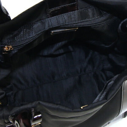 Salvatore Ferragamo Handbag Vara 21D 394 Black Dark Brown Nylon Patent Leather Ribbon Leopard