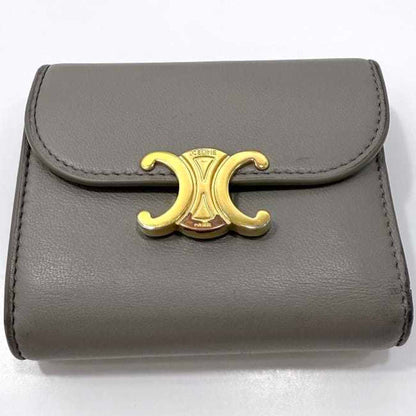 Celine Tri-Fold Wallet Ec-23083 Beige Triomphe Leather S-At-3261/S-Fg-3281 Celine Compact Metal
