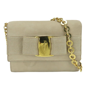 Salvatore Ferragamo Shoulder Bag Aq213202 Vara Ribbon Chain Mini Pochette Suede Greige Waist Pouch