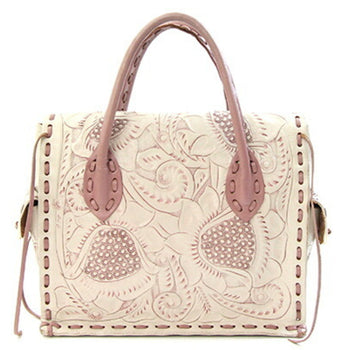 Grace Continental Handbag Carving Tribes Maestra Ivory Pink Beige Leather All Flower