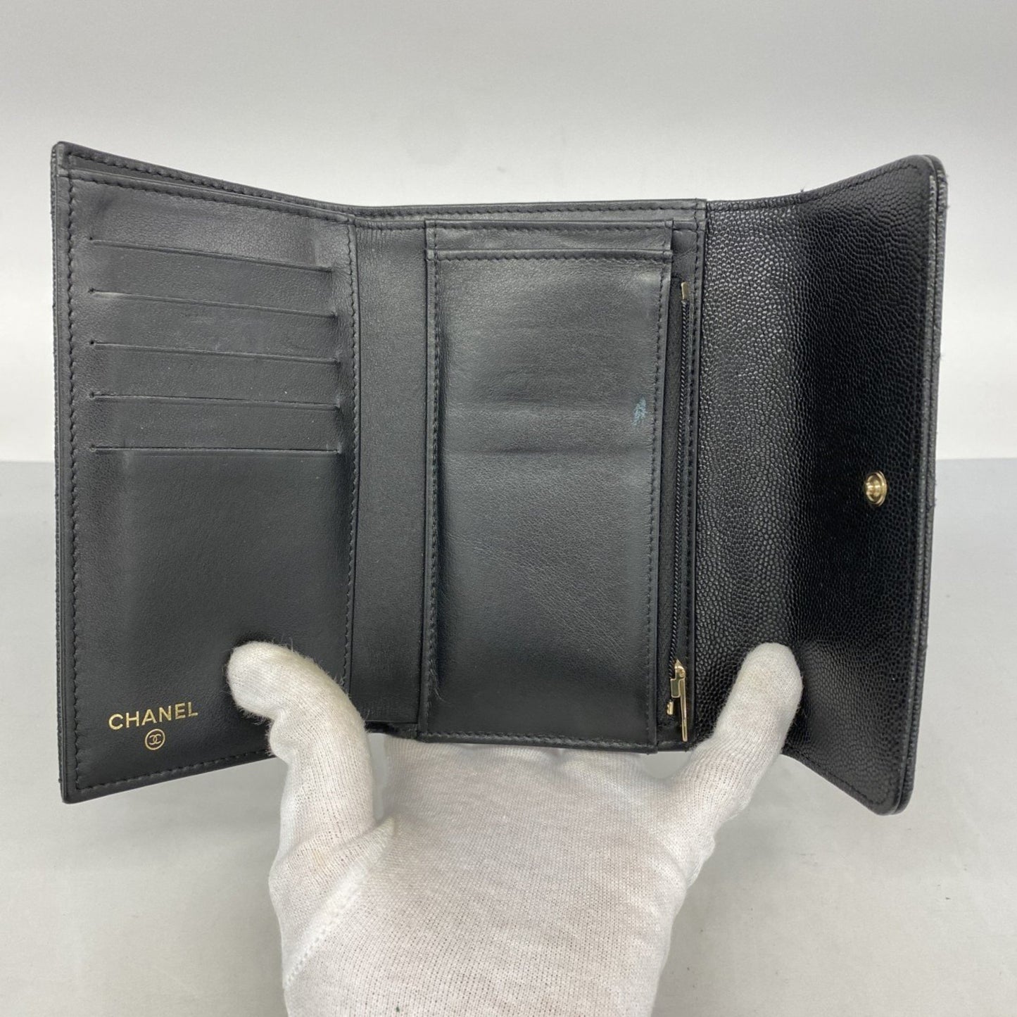 Chanel Matelasse Tri-Fold Wallet In Caviar Leather