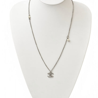 Chanel Necklace Pendant 2Way Chanel Coco Mark Cc Rhinestone Pearl Motif Silver 20A