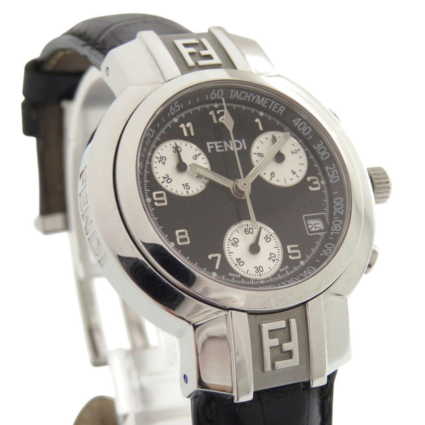 Fendi 4500L Horology Chronograph Stainless Steel Leather Black Quartz Watch