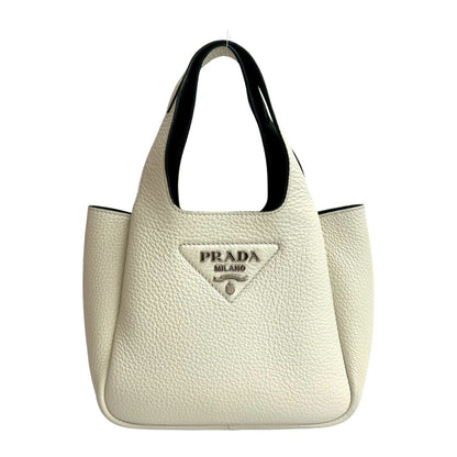 Prada Triangle Logo Leather Handbag Mini Tote Bag White 42786