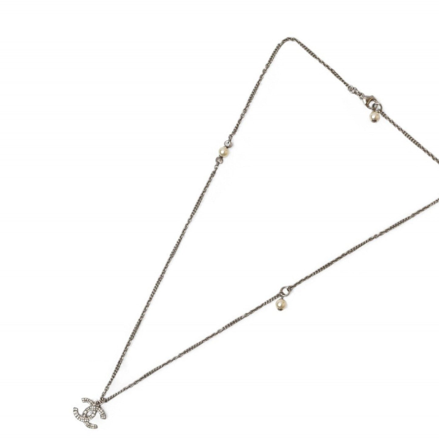 Chanel Necklace Pendant 2Way Chanel Coco Mark Cc Rhinestone Pearl Motif Silver 20A