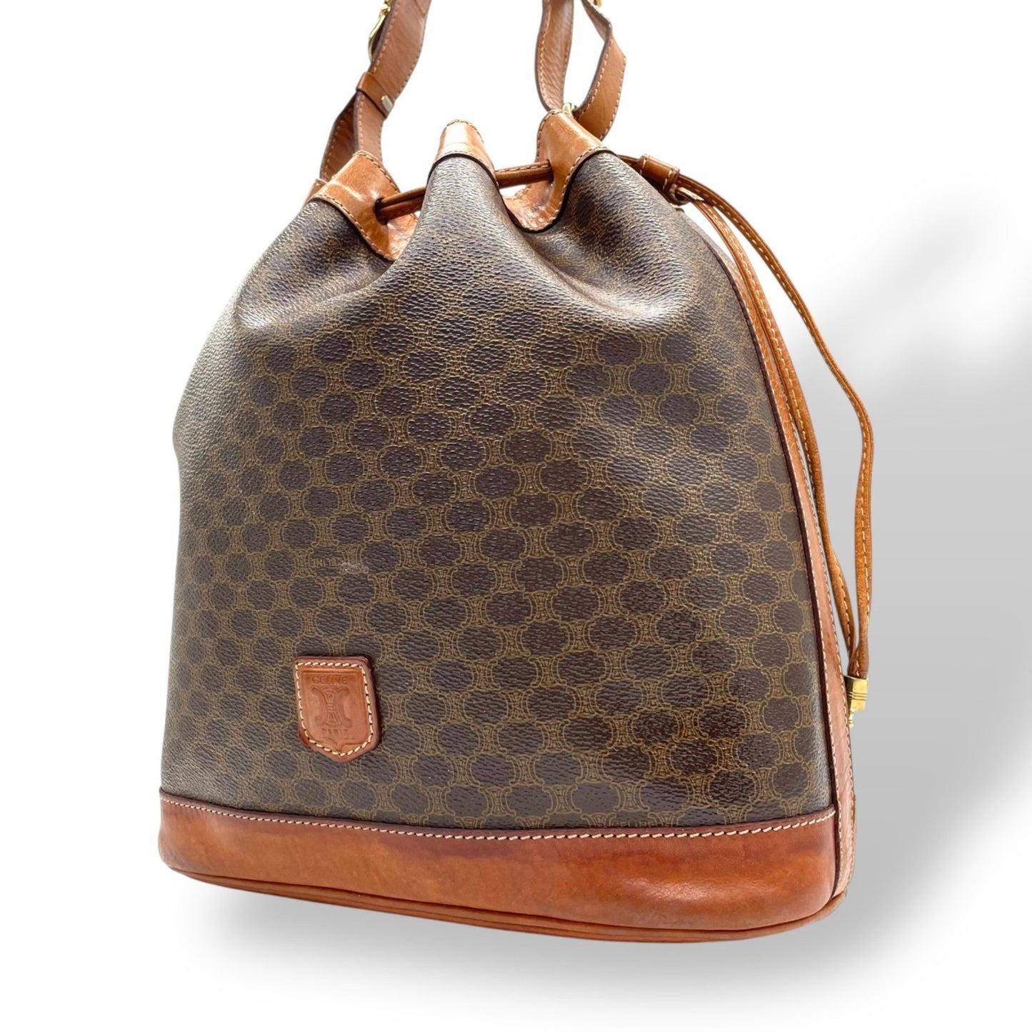 Celine Triomphe Drawstring Shoulder Bag M90 Macadam Pattern Vintage Gold Hardware