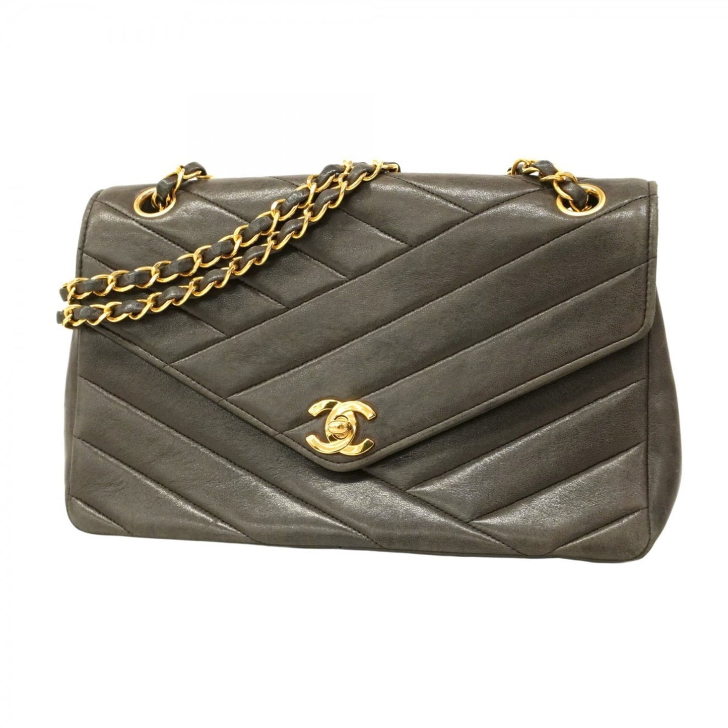 Chanel Shoulder Bag W Chain Chevron Lambskin Black