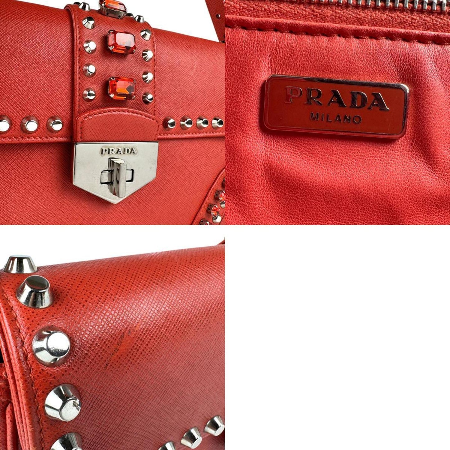 Prada Shoulder Bag Leather Metal Red Silver