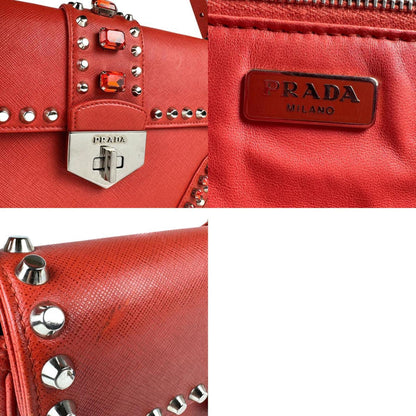 Prada Shoulder Bag Leather Metal Red Silver