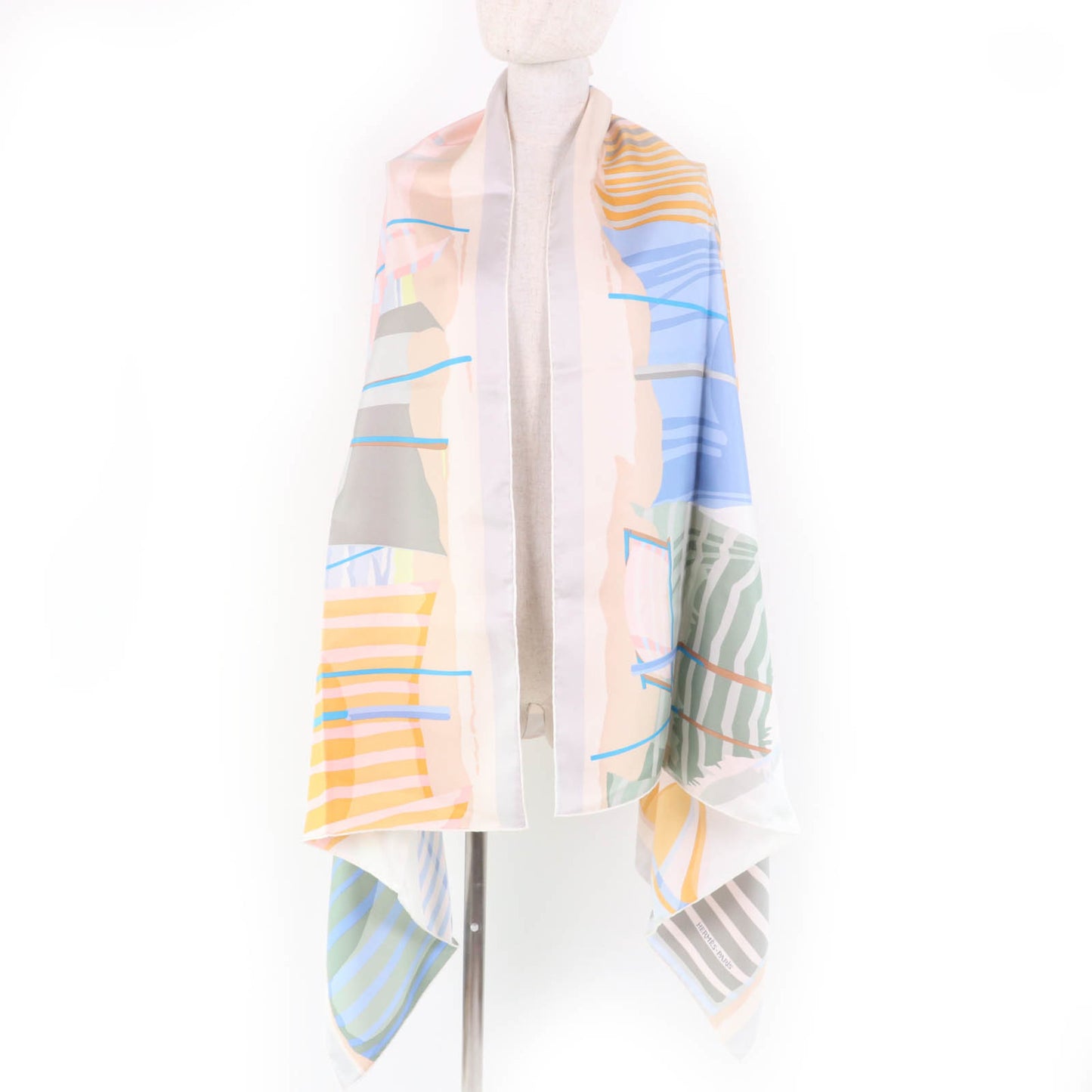 Hermes Rectangle Normandy Coast Charm 100% Silk Blanc Bleu Glacier Scarf With Box