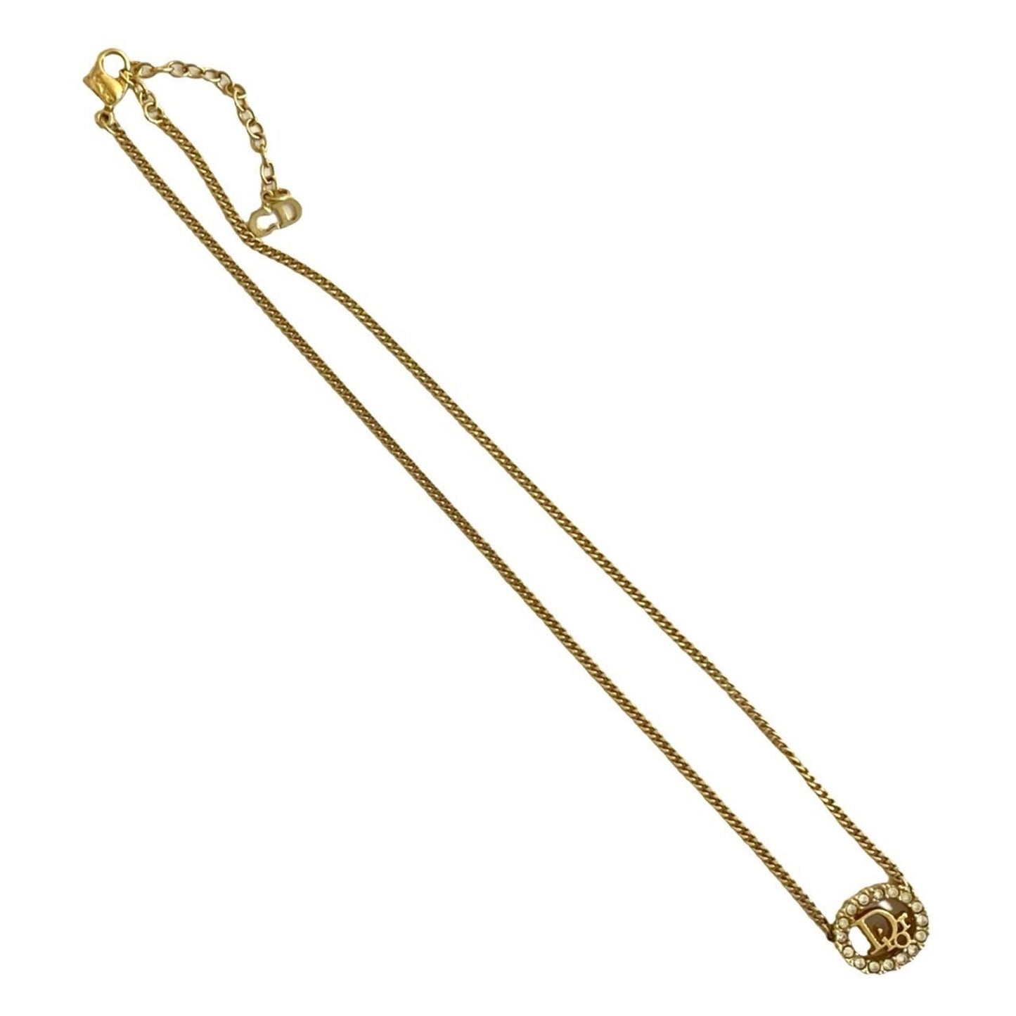 Christian Dior Logo Motif Rhinestone Necklace Pendant Accessory Gold 08878