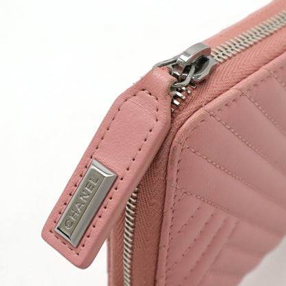 Chanel V-Stitched Coco Mark Round Long Wallet Quilted Lambskin Leather Pink A82258