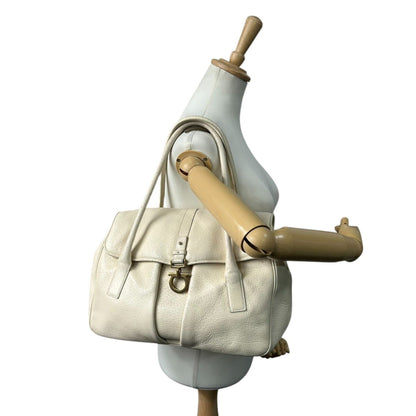 Salvatore Ferragamo Gancini Leather Tote Bag In White With Gold Hardware