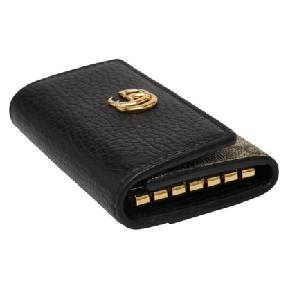 Gucci Gg Supreme Marmont 6-Ring Key Case 456118 Beige Black Leather