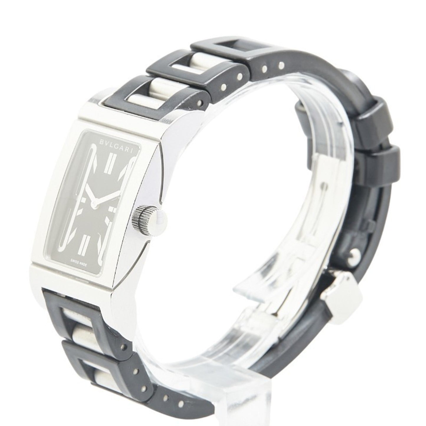 Bvlgari Rettangolo Watch Rt39S Quartz Black Dial Stainless Steel Rubber