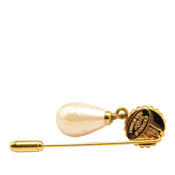Chanel Clover Motif Faux Pearl Brooch Gold Plated